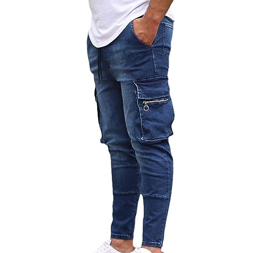 Mens Slim Fit Stretch Comfort Cargo Biker Jeans Moto Washed Distressed Straight Jeans Denim with Multi-Pockets2