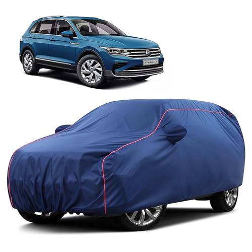 Image of Sulfar 100% Water Resistant Car Body Cover Compatible with Mirror for Volkswagen Tiguan (Triple Stitched, Full Bottom Elastic, Blue Taffeta with Red Piping)
