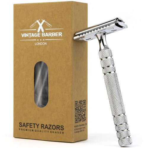 Double Edge Safety Razor | Metal Classic Style | Sustainable and Reusable | Perfect for Daily Shave | Fit for all DE Razor Blades | VINTAGE BARBER LONDON