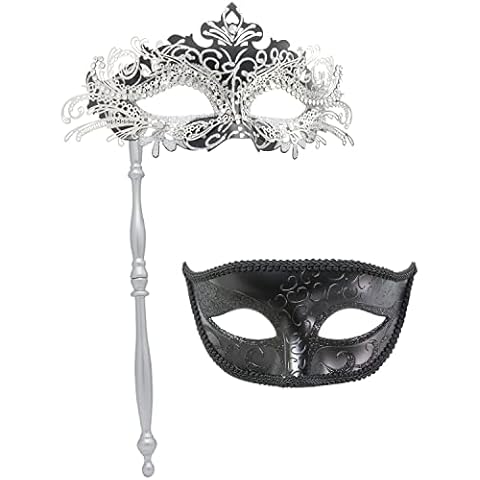 Coddsmz Couple Masquerade Mask with Holding Stick Venetian Halloween Costume Mask Mardi Gras Mask Cosplay Party Costume Mask Cover