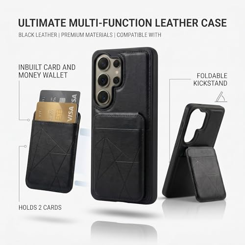 Image of amazon basics Premium Vegan Leather Back Cover with Card Holder and Integrated Mobile Stand for Samsung Galaxy S26 Ultra 5G - Slim Shockproof Wallet Case with Geometric Stitching [Black]