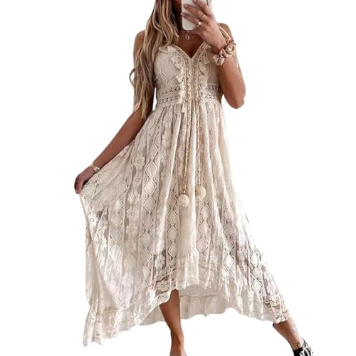 IKADEX Women Boho Floral Lace Dress Crochet Tassel Wedding Bridesmaid Evening Party Summer Beach Dresses Beige 02 M