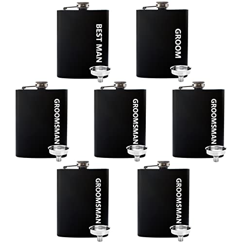 Lady&Home Groomsmen Flask,Set of 7 Groomsman Gifts for Wedding,Engraved 6oz Stainless Steel Hip Flask for Best Man and Groomsman Proposal-Includes Funnels (WD-Bold)