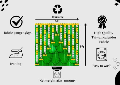 Image of Banana Leaf Decoration for Pooja | Banana Leaf Pooja Backdrop with Yellow and White Hanging Flower Garlands 5x5 feet | Backdrop Cloth for Decoration laxmi Pooja