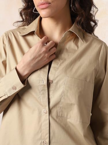 Image of HIGH Star Oversized Solid Cotton Shirt for Women | Stylish Tops for Women | Comfortable and Trendy Casual Shirt