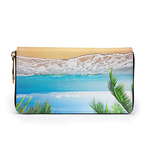 Ocean Sea Beach Palm Leaves Women Leather Long Wallet with Zipper Clutch Travel Credit Card Holder Purse2