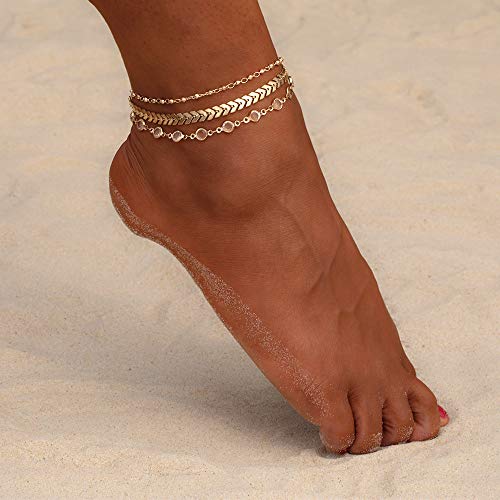 Sewyer Gold Layered Ankle Bracelets For Women 16K Gold Plated Four Layer Rhinestone Cz Anklet Cuban Figaro Fishbone Pearl Link Anklets Set Summer Jewelry Gift #TOP1