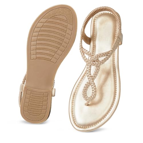 Image of iCKER Womens Braided T‑Strap Flat Sandals Elastic Stretch Ankle Strap | Boho cute casual lightweight and comfort matches dresses for beach vacation