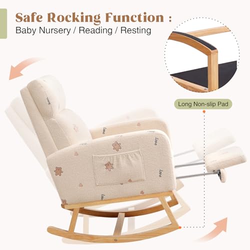 Image of HCHAIRH Rocking Chair Nursery, Nursing Rocking Chairs with Foot Rest for Mom Nursery, Teddy Glider Rocker Chair with Footrest and High Backrest for Living Room, Bedroom, Bear Printed Beige