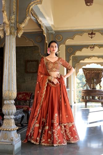 Image of JIHU CULTURE Women's Orange Sequence Embroidery Work Silk Semi-Sttiched Lehenga Choli-JH290ORG