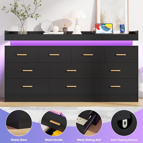 Image of Hlivelood 10 Drawer Dresser with LED Lights & Charging Station, Wide Wooden Chest of Drawers for Bedroom, Storage Organizer Cabinet, Modern TV Stand Dresser for Closet, Living Room, Hallway, Black