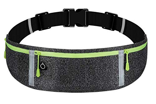 Running-Waist-Belts-with-Headphone-Hole Fits All Phone Under 6, Slim Fit Jogging Belt with Three Bounce-free Zip Pockets, Reflective Strips , Fanny Pack for Workouts, Sports. (Grey)
