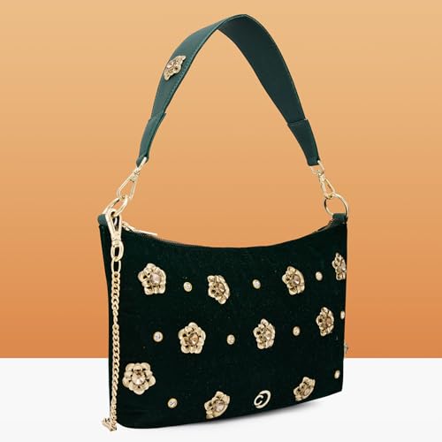 Image of Caprese Sapphire Small Hobo Bag for Women | Embroidery Velvet Sling Bag with Decorative Metal Flowers & Detachable Chain | Ideal for Festive Occasions