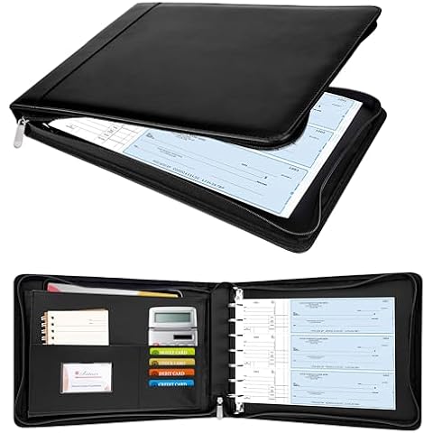 Antner Zippered 7 Ring Business Check Binder Portfolio for 3-Up Business Size Checks, PU Leather 7 Ring Checkbook Binder 600 Checks Capacity for 9 × 13 Inch Sheets, Built-in Storage Organizer, Black Cover