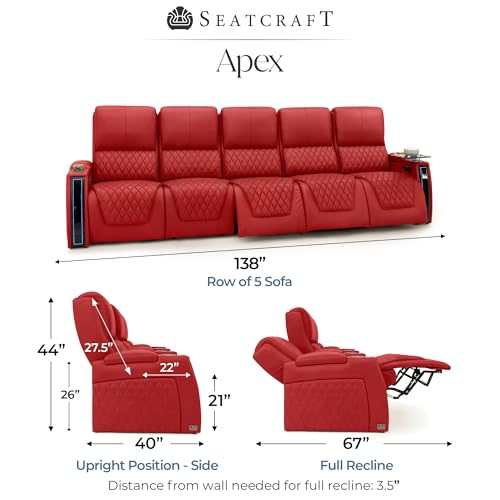 Image of Seatcraft Apex Red Italian Leather Home Theater Seating, Zero Gravity Power Recliner, Powered Headrest and Lumbar Gaming and Home Office Chair, Lounge Sofa Furniture for Cinema Room, Row of 5 Sofa