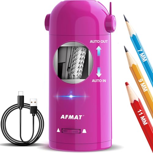 AFMAT Fully Automatic Electric Pencil Sharpener for Colored Pencils 7-11.5mm Auto in&Out Rechargeable Hands-Free Pencil Sharpener with Container for School Home Classroom Battery Operated Purple PSX5
