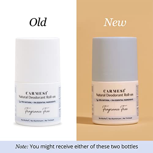Image of Carmesi Natural Underarm Roll On Deodorant for Women | 95% Natural + 5% Essential Ingredients | For Fresh Underarms All Day | No Alcohol & Aluminium | Fragrance Free | 50 ml