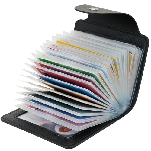 IHIGOGOFA Credit Card Holders Soft Genuine Leather Compact Wallet ID Bank Card Case Purse 40 Thickening Durable Plastic Insert Sleeves and 2 ID Card Slots
