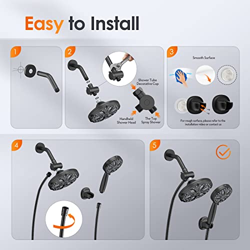 Shower Head Combo-Watersong 14 Settings 7'' Rain Showerhead+5'' Handheld Shower Spray With Build In Power Wash, 6.5Ft Hose/Adjustable Mount For Bath Massage Spa, 3-Way Diverter, Matte Black #TOP5