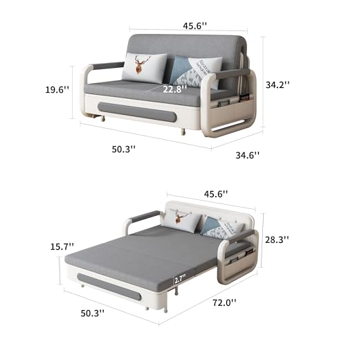 NessCarsti Pull-Out Sofa Daybed with Trundle - Versatile Futon Sleeper Couch for Living Room and Small Spaces (34.6"" D x 50.3"" W x 34.2"" H)- Gray/White Sofa Bed