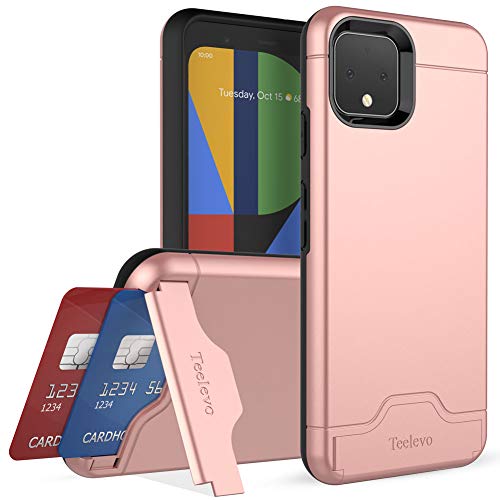 Teelevo Wallet Case for Google Pixel 4, Dual Layer Case with Card Slot Holder and Kickstand for Google Pixel 4 - Rose Gold