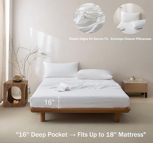 Talasily 100% French Pure Linen Sheets Set Twin Size,Oeko-TEX Certified Bedding, All-Season Breathable for Hot Sleepers,16 Inch Deep Pocket Machine Washable 3-Piece (White)