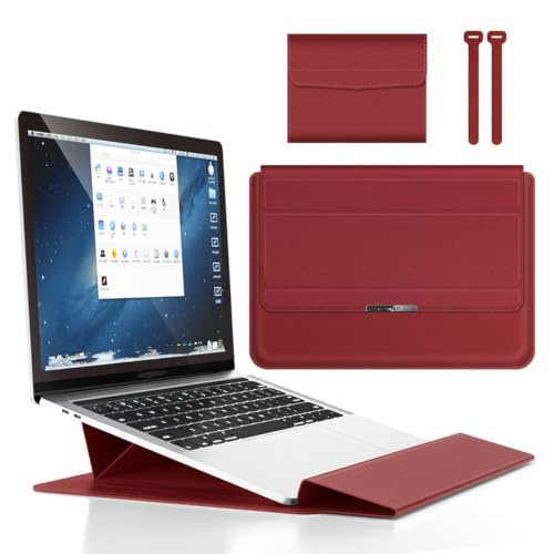 Red vegan leather folding workstation set opened into a raised laptop platform — the trifold structure that lifts a screen toward eye level