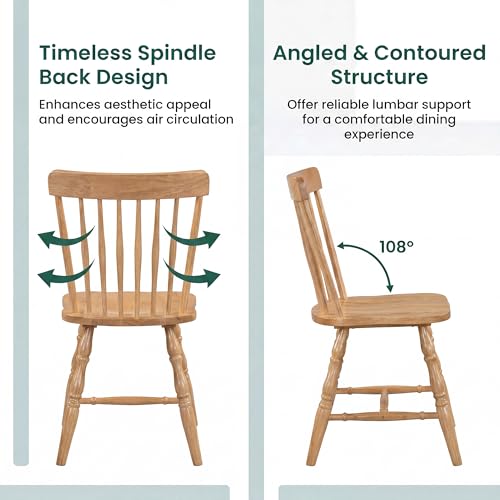 Image of COSTWAY Windsor Chairs Set of 2, Armless Solid Wood Dining Chairs with Spindle Backs, Farmhouse Kitchen Side Chair for Dining Room, Kitchen, Small Space (Natural)
