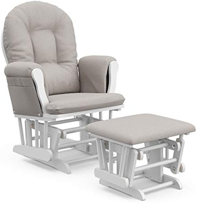 Storkcraft Premium Hoop Glider and Ottoman (White Base, Taupe Swirl Cushion) – Padded Cushions with Storage Pocket, Smooth Rocking Motion, Easy to Assemble, Solid Hardwood Base