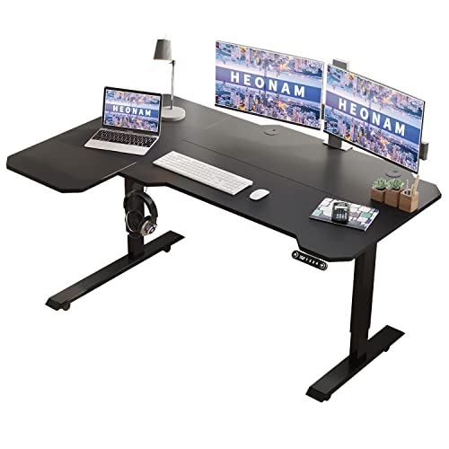 Escritorio eléctrico de pie en forma de L, mesa de pie ajustable de 59 pulgadas de altura con 4 ajustes de memoria, escritorio de oficina en casa con marco negro y parte superior