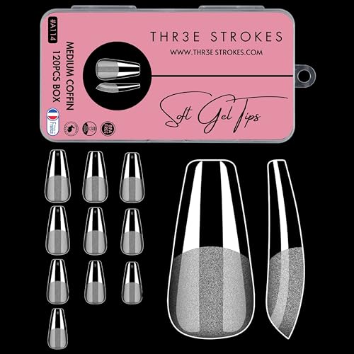 THR3E STROKES 120pcs Soft Gel Nail Tips, Gel X Nail Tips Clear Fake Nails Full Cover Soft Acrylic NailTips with Box for Extension Nail Manicure Salon Home DIY (Medium Coffin Half Matte)