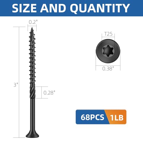 Image of #10 x 3 Heavy-Duty Deck Screws - Black Long Outdoor Wood Screws, Torx Drive with T25 Bit, Rust Resistant for Wood Decking and Fence (1lb,68Pcs)