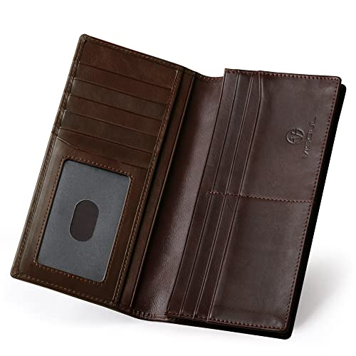 Image of VISOUL Leather Checkbook Cover Wallet for Men with RFID Blocking, Mens Long Bifold Cash Tall Wallet with 11 Credit Card Slots 1 ID Window (Coffee)