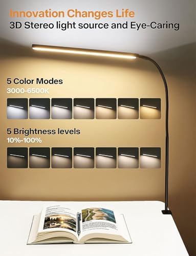 ACNCTOP LED Desk lamp with Clamp - 3D Stereo Light Source and Eye-Caring Clip On Table Lights,Long Flexible Gooseneck Dimmable Desk Light, Swing Arm,Architect,Reading,Study for Dorm Home Office