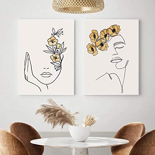 Impression toile peinture mur art de silhouette femme jaune moutarde sans cadre lot de 2