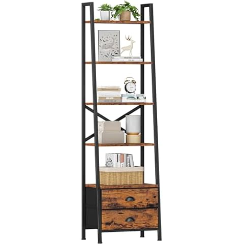 Furologee 5-Tier Ladder Shelf with 2 Drawers,Narrow Bookshelf Storage Shelves,Industrial Bookcase Freestanding Shelf Units for Bedroom,Living Room,Bathroom,Home Office,Balcony,Wood Metal,Rustic Brown Cover