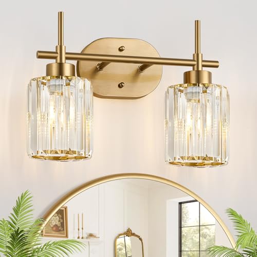 Image of Modern Crystal Bathroom Vanity Light, 2-Light Brushed Gold Bathroom Light Fixtures with Clear Shades, Vanity Lighting Fixtures Over Mirror (Exclude Bulb)