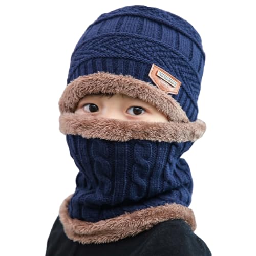 Kids Winter Hat and Scarf Set,2Pcs Warm Knit Beanie Cap and Scarf for 5-14 Years Old(Navy,M)