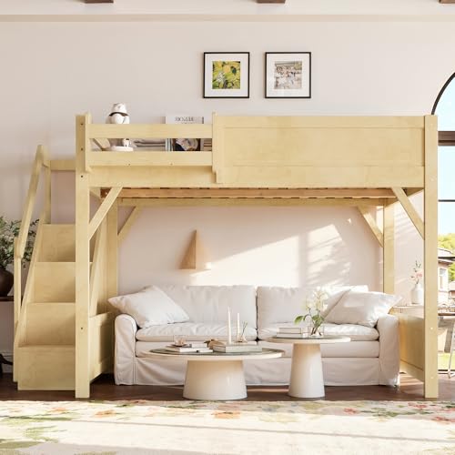 Image of KEIKI Solid Wood Queen Size Loft Bed Frame with Stairs, Built-in Wardrobe and Storage Space, Queen Loft Bed with Shelves, Queen-Length Guardrails, No Box Spring Needed for Bedroom, Natural