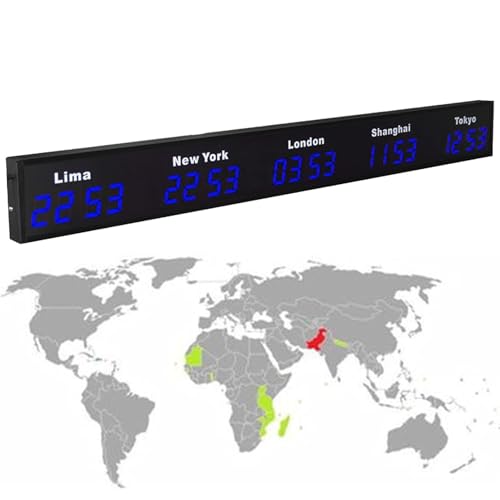 LJYKBFL Grande Horloge Mondiale numérique à LED, Horloge Murale à 3/4/5 fuseaux horaires, Horloge Mondiale pour hôtel, multinationale, Blue-5City