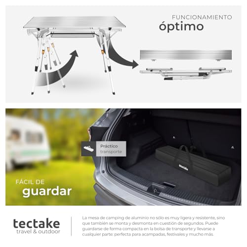 tectake® Mesa Camping Plegable con Altura Ajustable, Mesa Auxiliar de Aluminio con Topes, Mesa Exterior para Jardín, Terraza, Picnic, con Red de Almacenamiento y Bolsa de Transporte, 90x52x70 - Plata - imagen 7