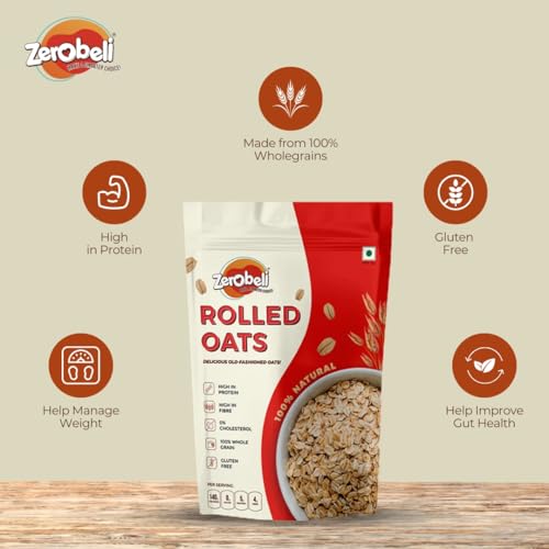 Image of Zerobeli Rolled Oats 1kg | 100% Natural & Wholegrain | High Protein & Fiber | Heart Healthy Breakfast Cereal | No Added Sugar | Ideal for Weight Management, Smoothies, Overnight Oats & Baking Recipes