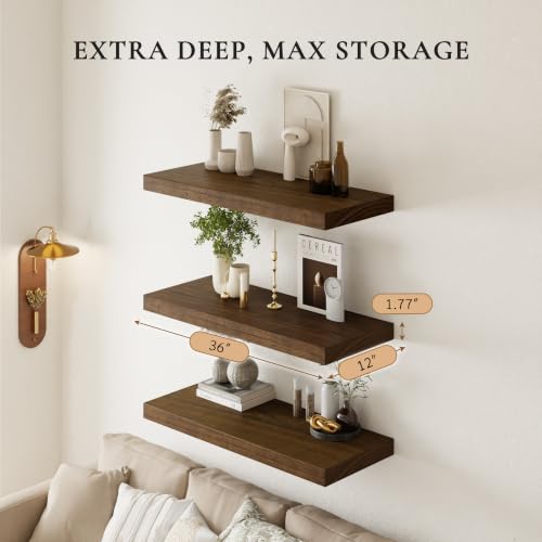 Image of 36 inch Extra Deep Floating Shelves, Set of 3, Walnut Wood | 36 inchL x 12 inchD x 1.8 inchH, Set of 3, Solid Paulownia Wood, Walnut Finish, Hidden Brackets, Hardware Included