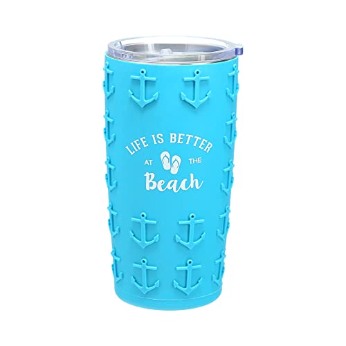 Pavilion Gift Company - Life Is Better At the Beach - 20 ounce Stainless Steel Vacuum Insulated Tumbler with MagSlider Lid and Silicone Sleeve, 1 Count, 3.5 x 3.5 x 6.75 inches, Teal