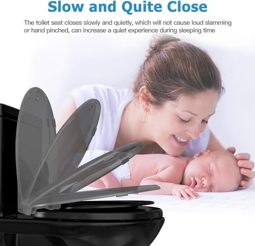 Toilet Seat, Round Toilet Seat Built in Toddler Seat, Potty Training Toilet Seat Round Fits Both Adult and Child, Slow Close and Magnets (Black)