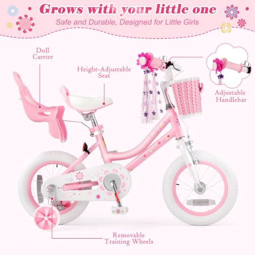 Image of Glaf Toddler Girls Bike for Age 2-12 Years Old | 12 14 16 20 Inch Kids Bike Girls Bicycle with Training Wheels,Basket,Doll Seat,Princess Style Kids Bicycle Gift