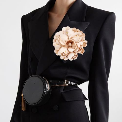 Image of Elegant Large Rose Flower Brooches Lapel Pins Handmade Dainty Satin Fabric Pearl Brooches Big Camellia Flower Brooch Pin for Women Wedding Part Dance Dress Suit Clothes Accessories Prom Jewelry