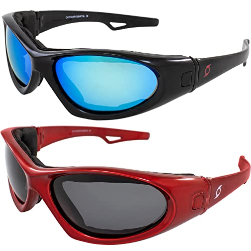 Hurricane Eyewear Category 5 Jet & Water Ski Sunglasses to Goggles Hybrid 2 Pairs Black Frames w/Blue Mirror Lenses & Red Frames w/Smoke Lenses