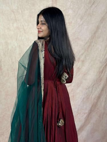 Image of Elegant Vichitra Silk Gown with Jacquard Zari Border - Includes Soft Net Dupatta with Lace Trim - Parrty Wear Ethnic Dress for Women & Girls