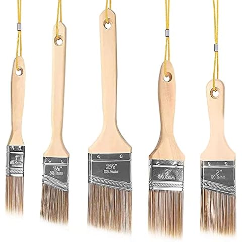 Flat Brush Set of 5 25.4 mm / 38.1 mm / 50.8 mm / 63.5 mm Brush Set with Wooden Handle for Paints, Wood Varnish Brush Set, Paint Brush Set, Flat Brush Set, Watercolour, Brush Painter Cover